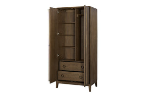 English Elm Armoire Latte Solid Wood+MDF Wardrobe with 2 Cedar-Lined Drawers, 4 Shelves, Rod & 5 Hooks, Mid-Brown Finish B2699P346314