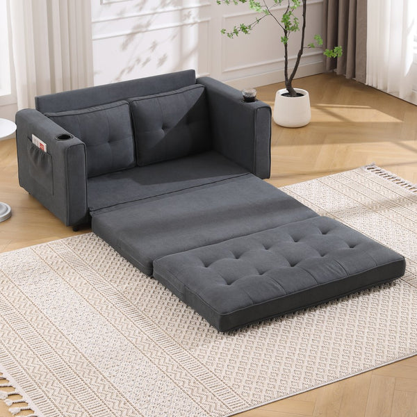 English Elm {VIDEO 3-in-1 Upholstered Futon Sofa Bed Convertible Loveseat with Tufted Back, Cup Holders & Side Pockets Dark Gray W2325P183181