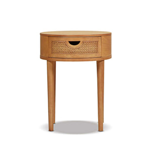 English Elm Jennifer Taylor Home - Cabana Natural Brown Oak 18" Round Cane Rattan Storage Side Table with Drawer & Wood Finish B2719P238487