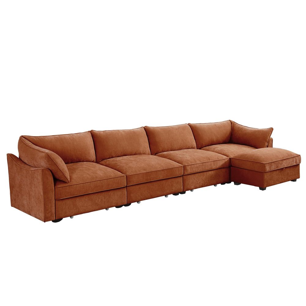English Elm L-Shaped 4-Seater Sectional Sofa With Movable Ottoman & Storage, Soft Chenille In Chic Orange W3041S00210