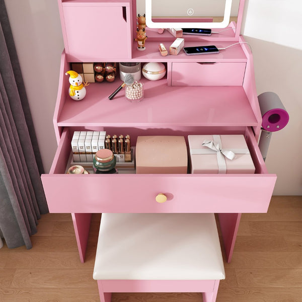 English Elm 3-color Led Vanity Table with Stool Drawers and Built-in Power Hub for Bedroom Pink W2700P457871