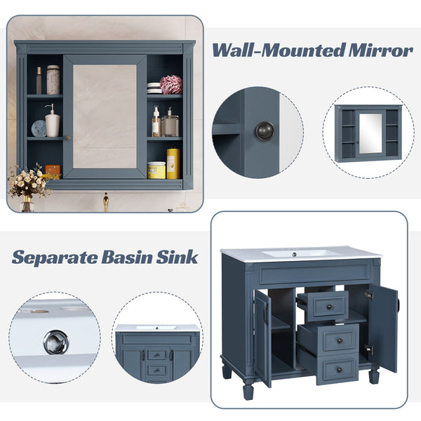 English Elm 36'' Bathroom Vanity with Sink and Mirror Cabinet, Modern MDF & Solid Wood Design, Ceramic Top, Soft-Close Doors Blue SW000115AAC-1