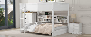 English Elm Queen Over Bunk Bed Solid Pine Cabin Frame with Storage and Usb Charging White GX000399AAK