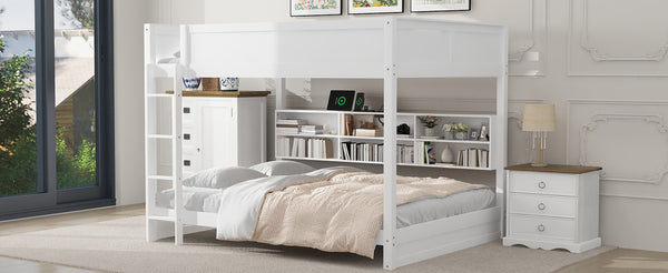 English Elm Queen Over Bunk Bed Solid Pine Cabin Frame with Storage and Usb Charging White GX000399AAK