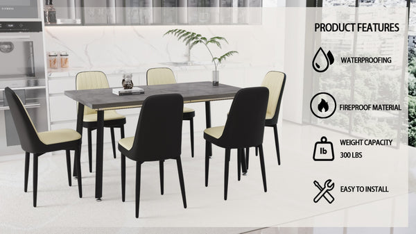 English Elm 55.12-70.87" Expandable Dining Set 7 Piece Industrial Mdf Table with Pu Upholstered Chairs Beige+Grey,Black W2189S00911