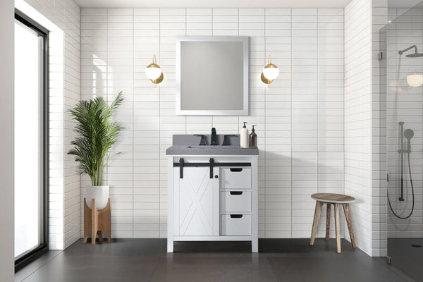English Elm White 30 in. Bath Vanity with Grey Quartz Top, Matte Black Faucet, Soft-Close Drawers & Shelf Durable Finish B2731P260101