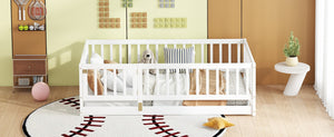 English Elm Twin Montessori Pine Floor Bed with Perimeter Fence Door and Slatted Base for Kids W1820P399071