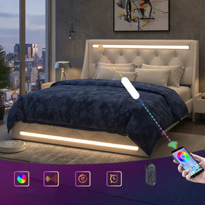 English Elm Queen Platform Bed Wingback Diamond Quilted Headboard Led Lighting Storage Drawers White W5722P462388