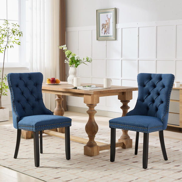 English Elm Nikki Tufted Flax Linen Dining Chair with Solid Wood Frame, High-Rebound Cushion, Nailhead Trim Blue W1143P233650