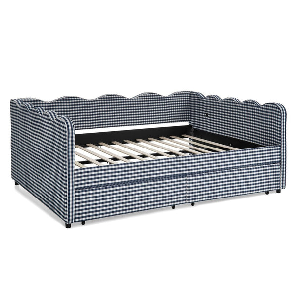English Elm Queen Gingham Linen Daybed with Wave Backrest Two Storage Drawers and Usb Port Navy Blue W1413S00152