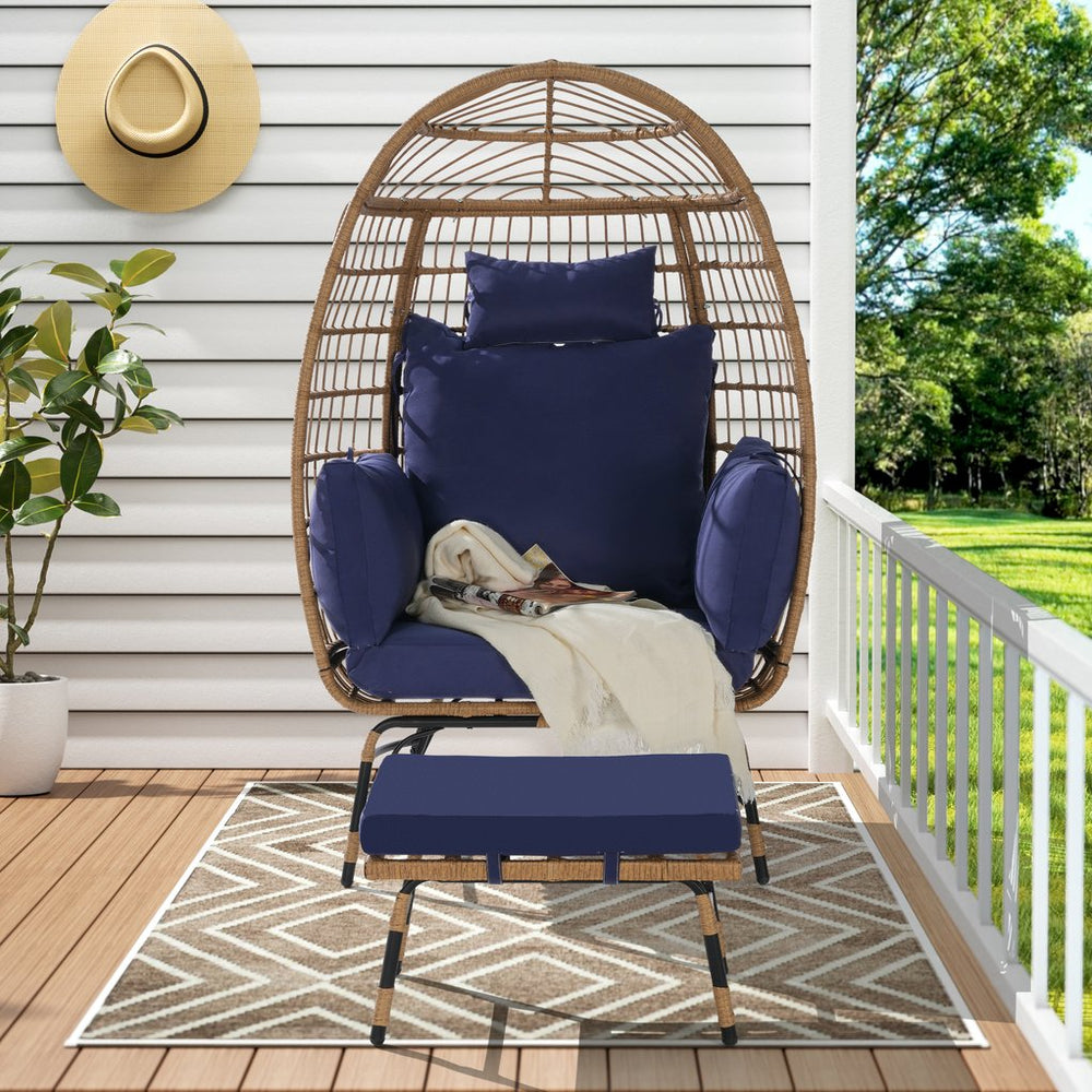 English Elm Wicker Oversized Egg Chair with Ottoman and 3.2" Thick Cushions, Handwoven PE Rattan, Weatherproof Comfort Dark Blue W874P264672