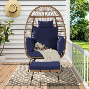 English Elm Wicker Oversized Egg Chair with Ottoman and 3.2" Thick Cushions, Handwoven PE Rattan, Weatherproof Comfort Dark Blue W874P264672