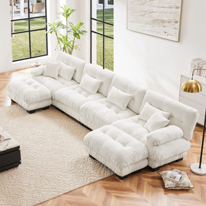 English Elm Free Modular Sectional Sofa – U-Shaped 4-Seater Cloud Couch With 2 Ottomans In Soft Chenille White W714S01006