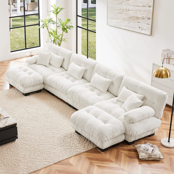 English Elm Free Modular Sectional Sofa – U-Shaped 4-Seater Cloud Couch With 2 Ottomans In Soft Chenille White W714S01006