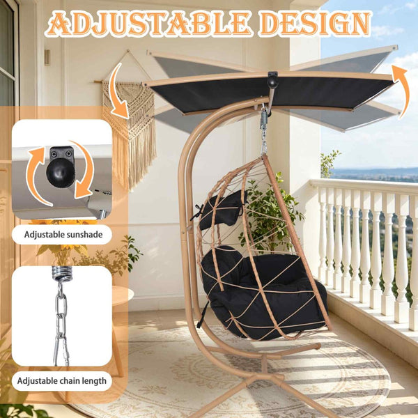 English Elm 2-person Pe Rattan Hanging Egg Chair with Canopy Steel Stand Outdoor Patio Swing T5880P502247