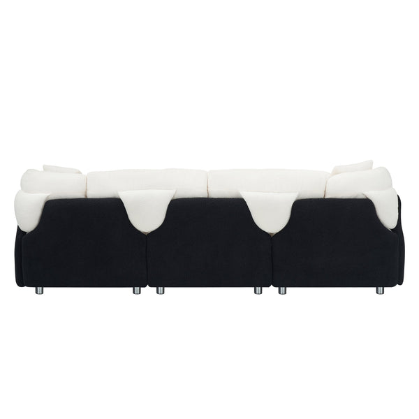 English Elm 95.3 Black and White Tandy 3-Seat Teddy Sofa with Metal White Legs, Solid Wood Frame, Plush Sponge Cushions and Two Throw Pillows for Modern Living Room Comfort and Style W1278S00073