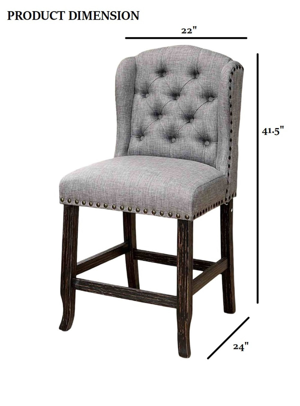 English Elm Rustic 2Pc Counter Height Wingback Chairs With Nailhead Trim, Distressed Black & Light Gray Finish B2741P408974-GIGA