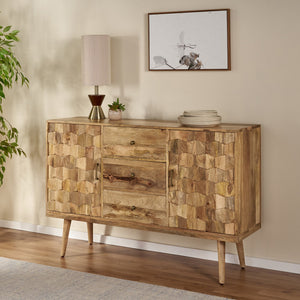 English Elm Christopher Knight Home® - 3 DRAWER SIDEBOARD WITH 2 DOOR Mango Wood Sideboard with 3 Drawers, 3D Tile Weave Doors, Shelves, Natural Finish 66413.00