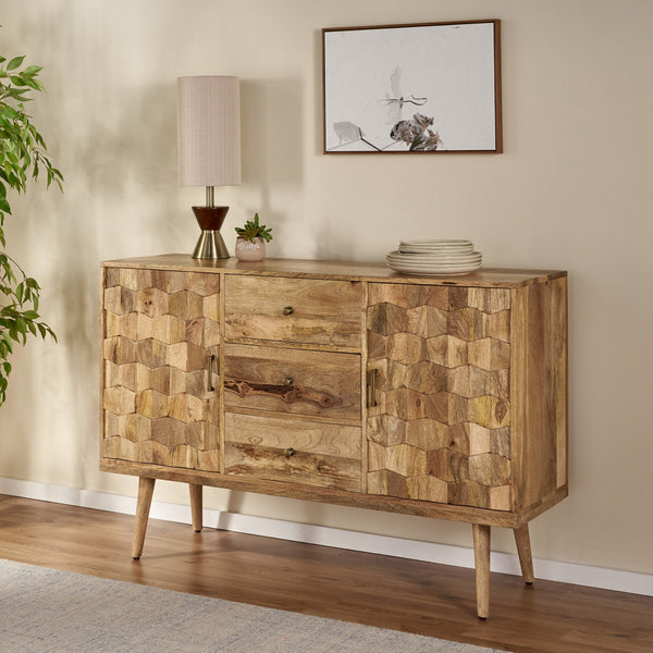 English Elm Christopher Knight Home® - 3 DRAWER SIDEBOARD WITH 2 DOOR Mango Wood Sideboard with 3 Drawers, 3D Tile Weave Doors, Shelves, Natural Finish 66413.00