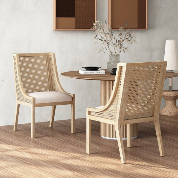 English Elm Dining Chair Set of 2 Rubberwood Cane Webbing Back Upholstered Farmhouse Style Beige N771P388970G