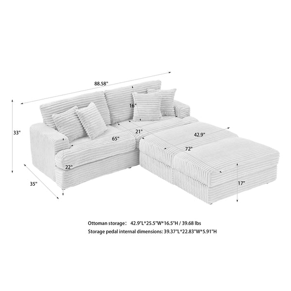 English Elm 88.58 Inch White Corduroy Sofa With Storage Legs & 4 Pillows - Cozy, Stylish Seating For Home & Office W3356S00012
