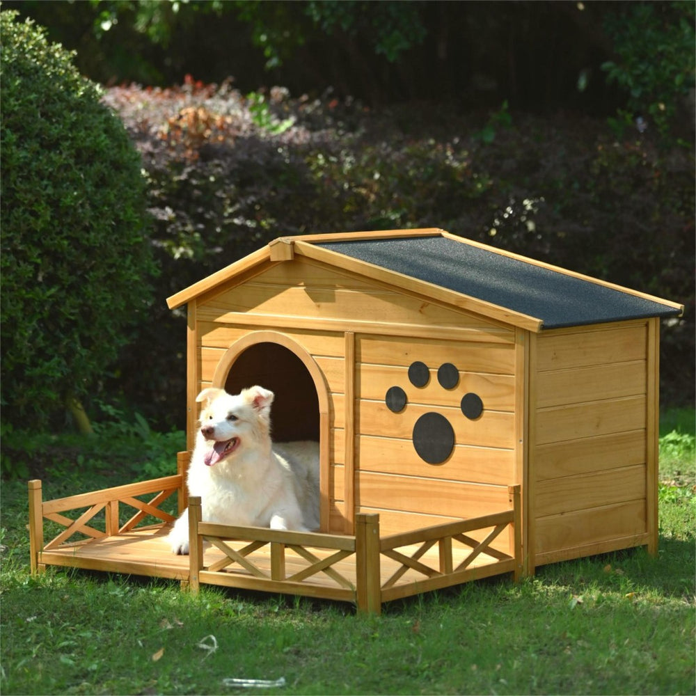 English Elm 48" Pine Wood Outdoor Dog House with Porch Asphalt Roof and Raised Floor for Medium Breeds FG201608AAA
