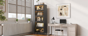 English Elm 76.75'' Tall Steel Barrister Bookcase with Led Lit Shelves and Brass Hardware Display Black SN845P397473B