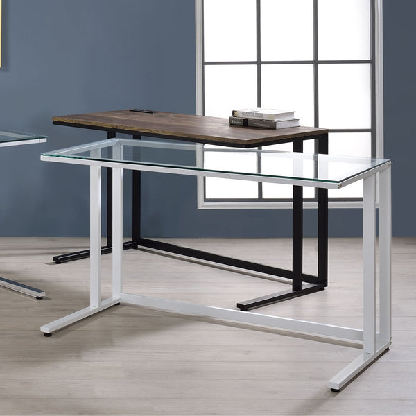 English Elm Walnut Writing Desk with USB Port and Open Base — Knock-Down Design, Spacious Surface for Workstation White+Walnut B062P209214