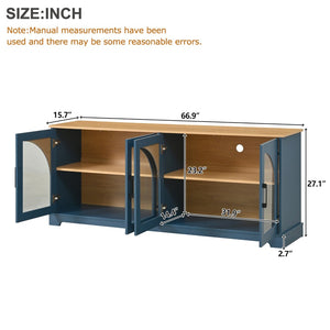 English Elm Farmhouse Media Console with Arched Glass Doors Wood Grain Two Tone Living Room Storage Blue N721P411204C