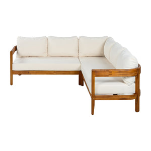 English Elm U_style Acacia Wood Outdoor L Shaped Corner Sofa Set with Arc Frame and Cushions White WY000481AAA