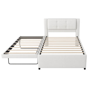 English Elm Full Size Upholstered Platform Bed With Versatile Trundle - Stylish Beige Design For Any Space! DL001678AAA