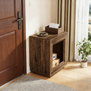 English Elm Modern Two Tier End Table Black Metal Frame Wood Grain Surface for Living Room T3971P451574