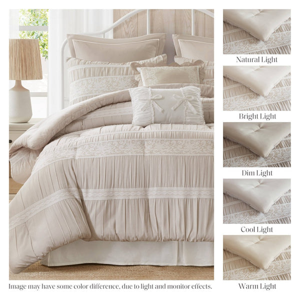 English Elm 7-piece King Jacquard Comforter Set Lace Detail Chambray Cottage Bedroom Ensemble Neutral B035P482889
