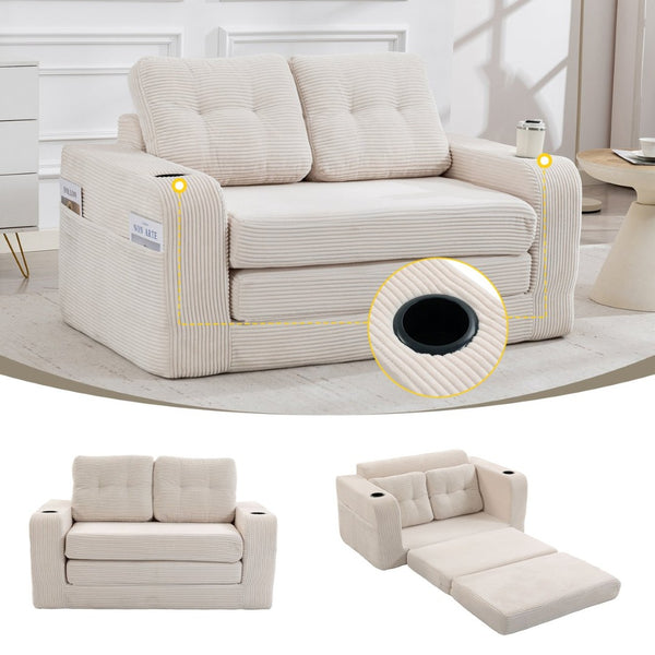 English Elm Convertible Floor Sofa Bed with Memory Foam and Ribbed Corduroy for Small Spaces Beige W395P438025
