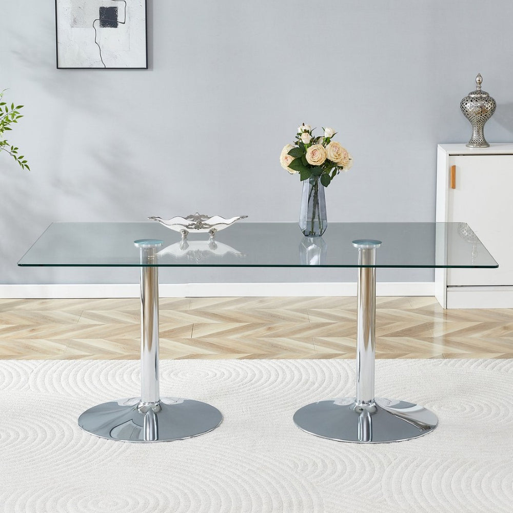 English Elm A Tempered Glass Rectangular Dining Table with Silver Metal Legs Seats Six W1151S04197