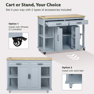 English Elm K&k Farmhouse Kitchen Island Extendable Table Rubber Wood Veneer Built-in Charging Storage Grey+Blue N707S215327G