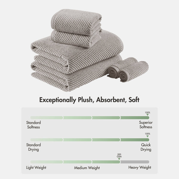 JLA Home Madison Park - 100% Cotton Diagonal Ribbed 6-Piece Towel Set – Plush 501 GSM, Quick-Dry, Zero-Twist Yarn Luxury MP73-8854