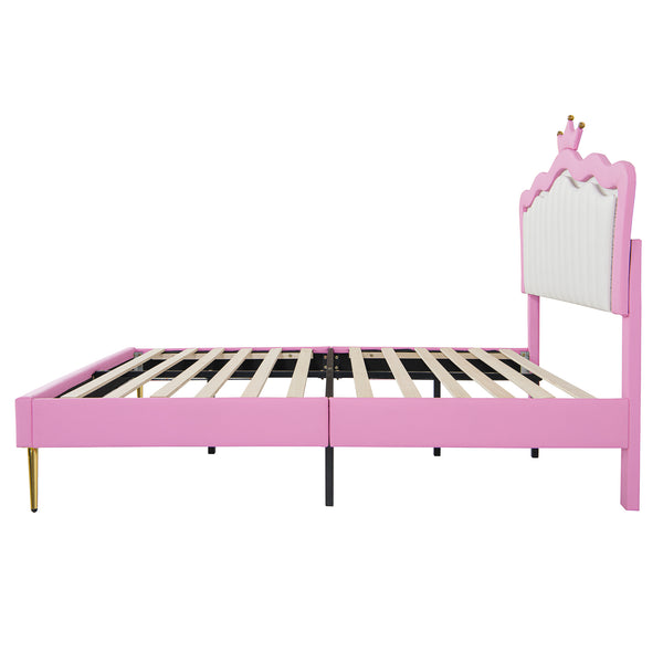 English Elm Full Size Upholstered Princess Bed Frame With Led Lights, Crown Headboard In Pink & White Design W2770P190360
