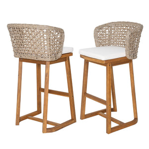 English Elm Outdoor Acacia Teak Bar Stools Set of 2 Wicker Back with Cushioned Patio Seating N773P306707B
