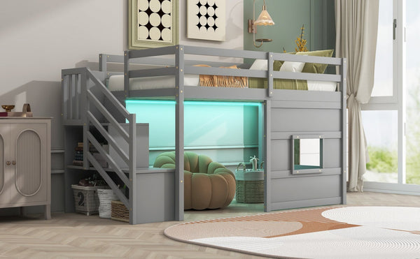 English Elm Twin Loft Bed Pinewood Frame with Storage Staircase Led Lighting and Window Cutout Gray GX000436AAE