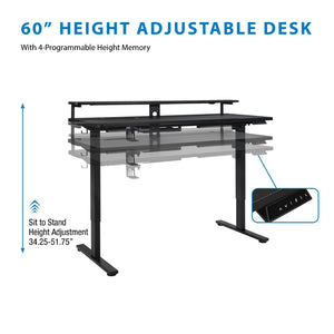 OSP Home Furnishings Primo Electric Standing Desk with Monitor Shelf Steel Frame and Built-in Cable Management PMO6024GD-BCF
