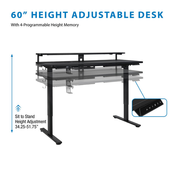OSP Home Furnishings Primo Electric Standing Desk with Monitor Shelf Steel Frame and Built-in Cable Management PMO6024GD-BCF