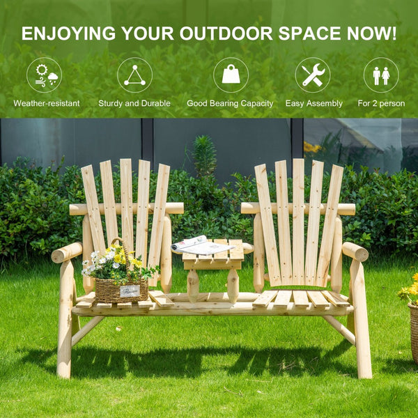 English Elm Outsunny 2-Seat Adirondack Loveseat With Table – Rustic Wooden Patio Bench For Outdoor Relaxation W2225P174069-GIGA