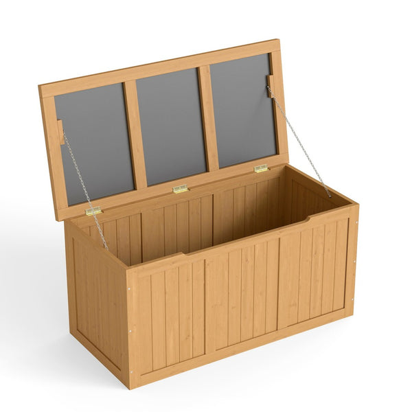 English Elm 67 Gallon Solid Wood Outdoor Deck Box with Hinged Lid Doubles as Patio Bench Seat W2640P327217