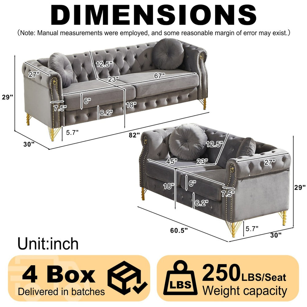 English Elm Velvet Chesterfield Tufted Sofa with Copper Stud Trim and Gold Legs for Glam Living Grey W834S00627