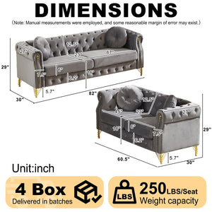 English Elm Velvet Chesterfield Tufted Sofa with Copper Stud Trim and Gold Legs for Glam Living Grey W834S00627
