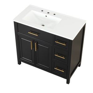 English Elm 36" Matte Freestanding Bathroom Vanity Solid Wood Cabinet Ceramic Sink Three Drawers Black N725P364205B