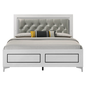 English Elm Contemporary Queen Platform Bed with Gray PU Tufted LED Headboard and Chrome Legs for Modern Bedrooms White 82 L x 29 W x 10 H B2741P405687