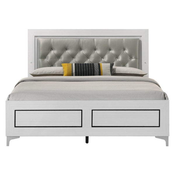 English Elm Contemporary Queen Platform Bed with Gray PU Tufted LED Headboard and Chrome Legs for Modern Bedrooms White 82 L x 29 W x 10 H B2741P405687