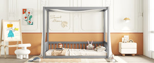 English Elm Twin Canopy Floor Bed Frame With Guardrails - Modern Grey Design For Safe, Imaginative Sleep Spaces W504P143277-GIGA